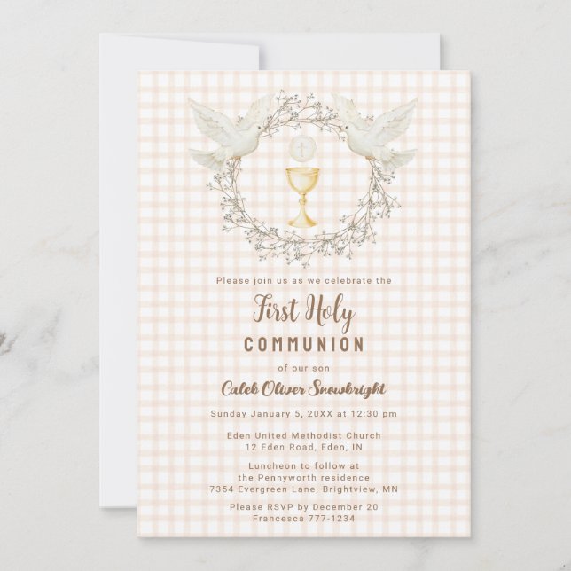Invitación 014 Latte Dove & Chalice Gingham Primera Comunión (Anverso)