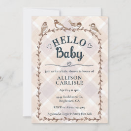 Invitación 014 Latte Watercolor Gingham Birds Baby Shower