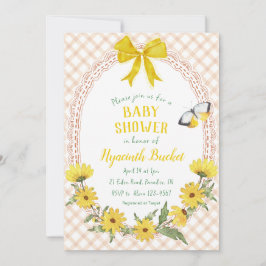 Invitación 014 Lazo de margarita amarilla en gingham para bab