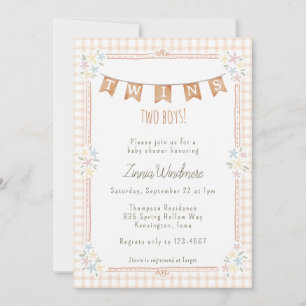 Invitación 014 Twins Floral Gingham Tan Latte Baby Shower