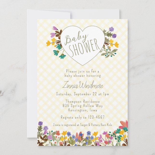 Invitación 015 Corazón Floral de Jardín de Gingham Amarillo C (Anverso)