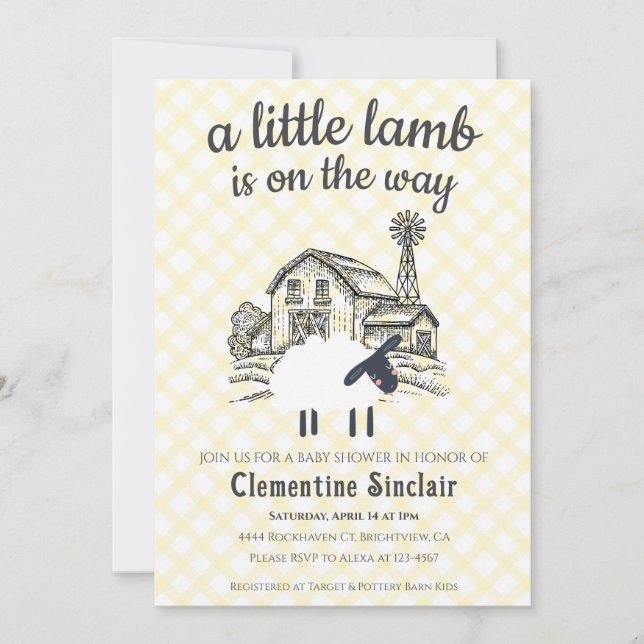Invitación 015 Lemon A Little Lamb Farm Plaid Baby Shower (Anverso)