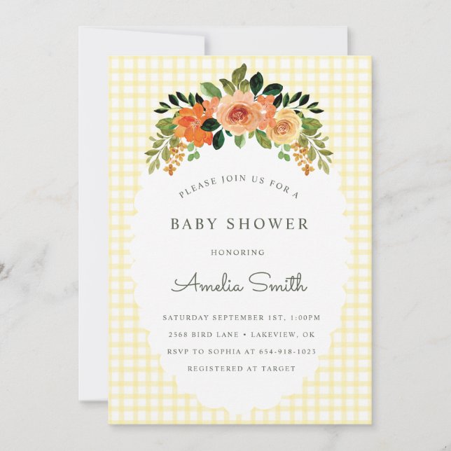 Invitación 015 Lemon Floral Gingham Baby Shower Invitations (Anverso)