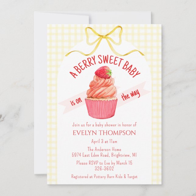 Invitación 015 Lemon Plaid Berry Sweet Strawberry Baby Shower (Anverso)