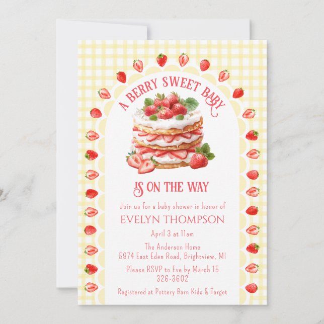 Invitación 015 Lemon Plaid Strawberry Shortcake Baby Shower (Anverso)