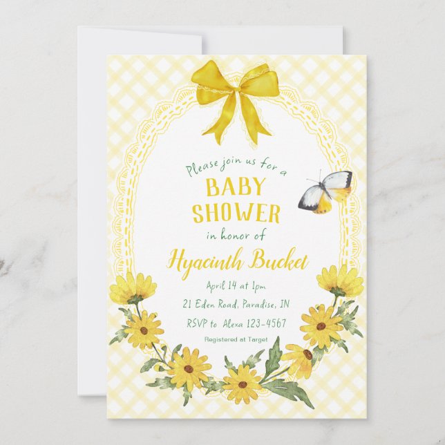 Invitación 015 Limón Amarillo Daisy Lazo Gingham Baby Shower (Anverso)