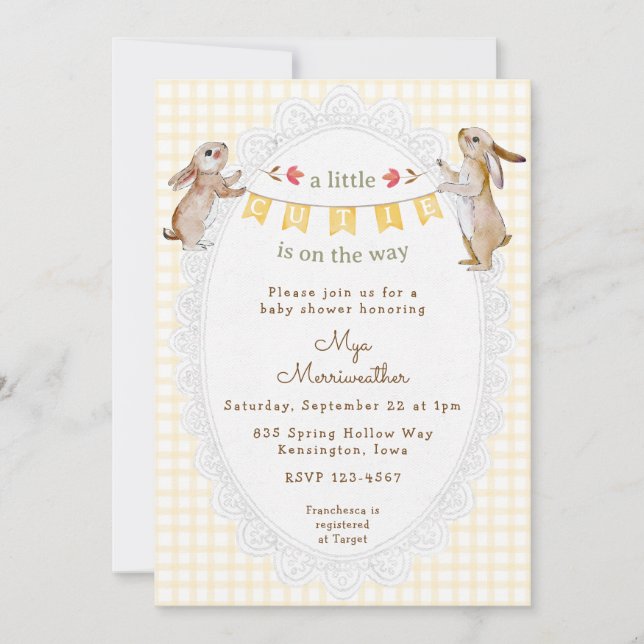 Invitación 016 Caléndula Sweet Bunny Gingham Baby Shower (Anverso)