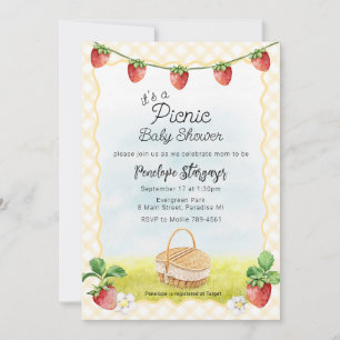 Invitación 016 Cumpleaños de bebé picnic de fresa amarillo ca