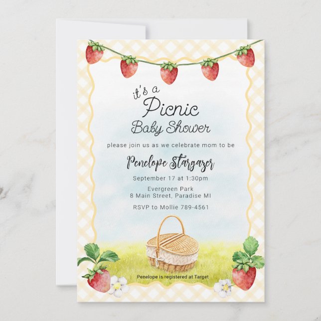 Invitación 016 Cumpleaños de bebé picnic de fresa amarillo ca (Anverso)