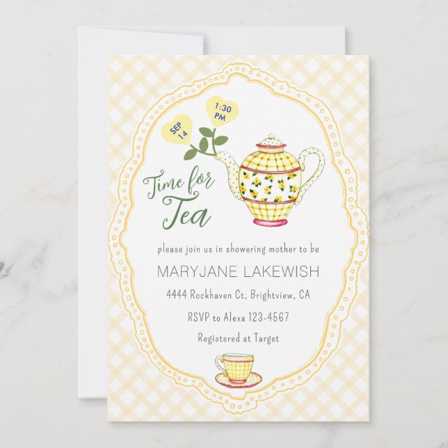 Invitación 016 Dulce Fiesta del Té de Gingham de Caléndula Ba (Anverso)