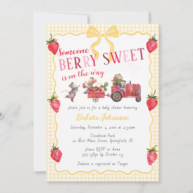 Invitación 016 Dulce granja de fiesta de bebé con gingham de  (Anverso)