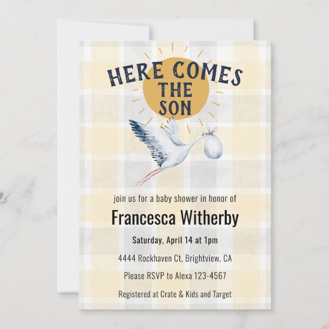 Invitación 016 Marigold 020 Fog Sun Plaid Stork Baby Shower (Anverso)