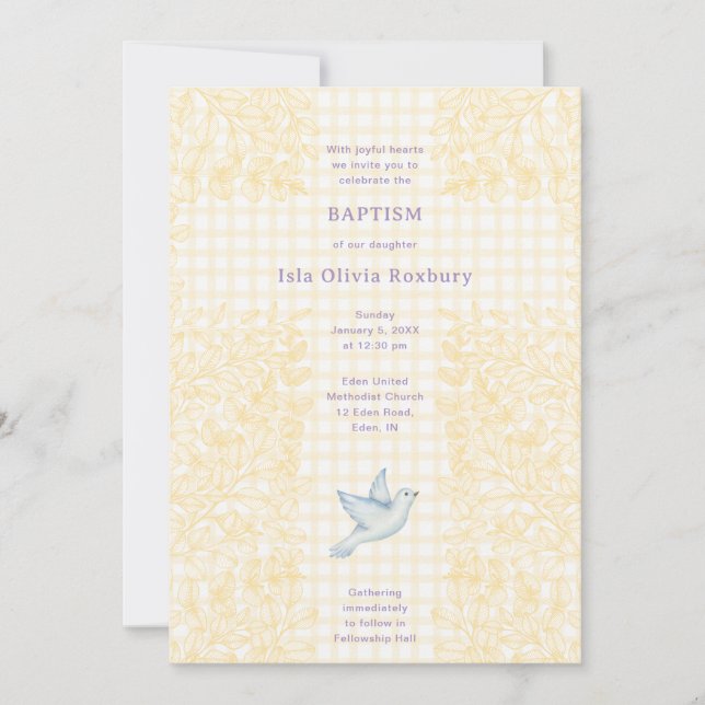 Invitación 016 Marigold Dove Botánico Cruz Gingham Bautizo (Anverso)