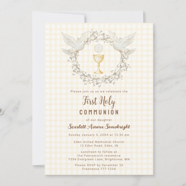 Invitación 016 Marigold Dove & Chalice Gingham Primera Comuni (Anverso)