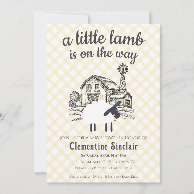 Invitación 016 Marigold Little Lamb Farm Plaid Baby Shower (Anverso)