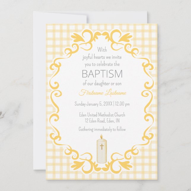 Invitación 016 Marigold Scroll Gingham Cross Candle Baptism (Anverso)
