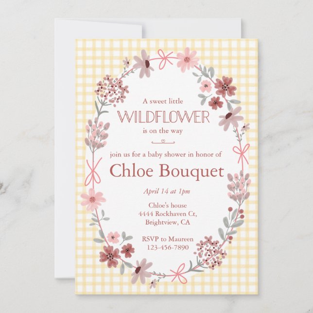 Invitación 016 Marigold Wildflower Bow Gingham Baby Shower (Anverso)