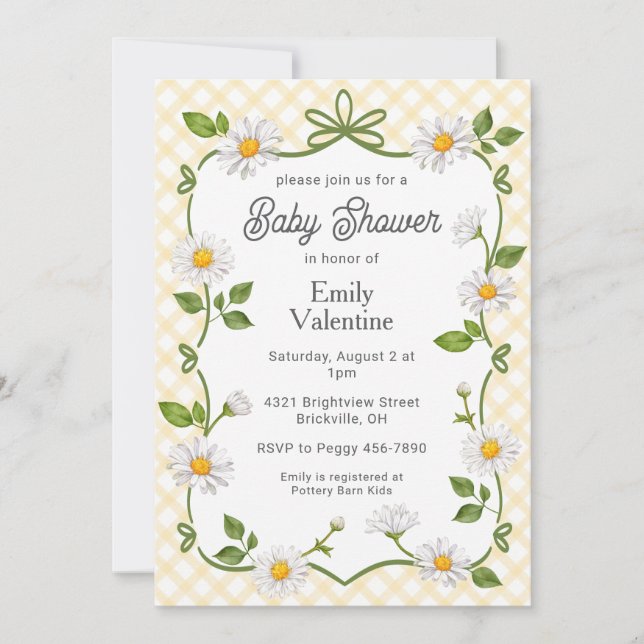 Invitación 016 Marigold Yellow Floral Daisy Plaid Baby Shower (Anverso)
