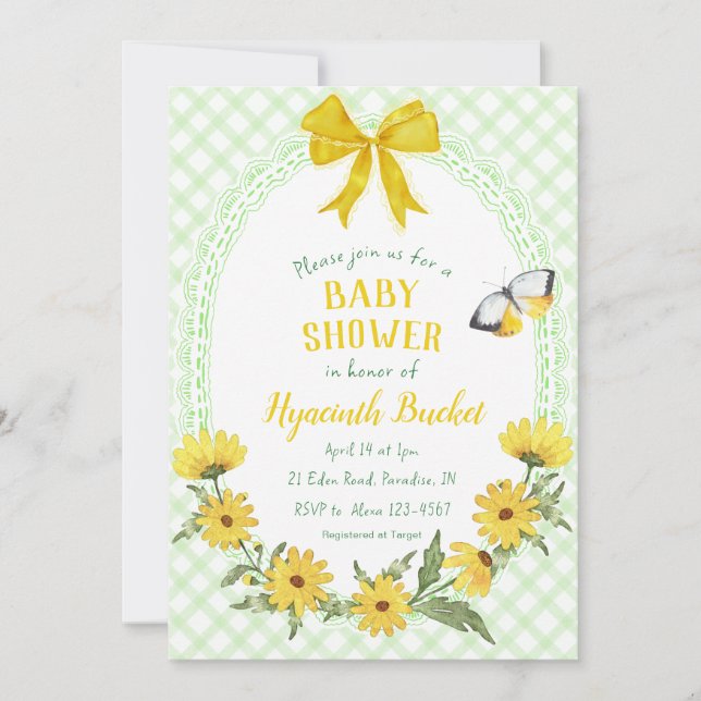 Invitación 017 Amarillo Musgo Daisy Lazo de Cuadro de Bebé Sh (Anverso)