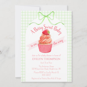 Invitación 017 Fiesta de Bebé de Fresa Dulce Verde Musgo