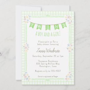 Invitación 017 Gemelos de Cuadros Verdes Musgo Floral Baby Sh