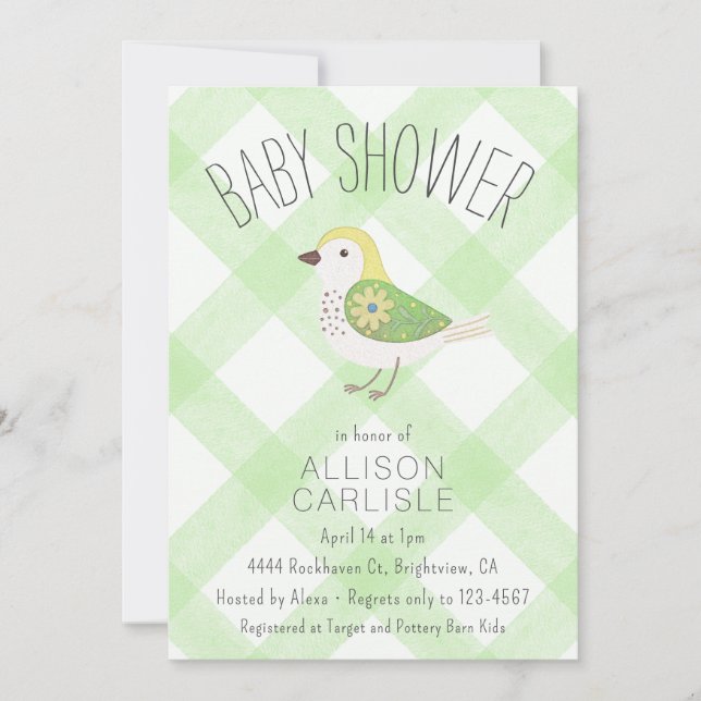Invitación 017 Moss Cute Floral Bird Gingham Baby Shower (Anverso)