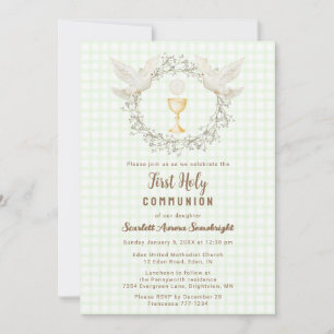 Invitación 017 Moss Dove & Chalice Gingham Primera Comunión