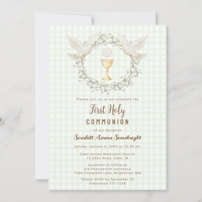 Invitación 017 Moss Dove & Chalice Gingham Primera Comunión (Anverso)