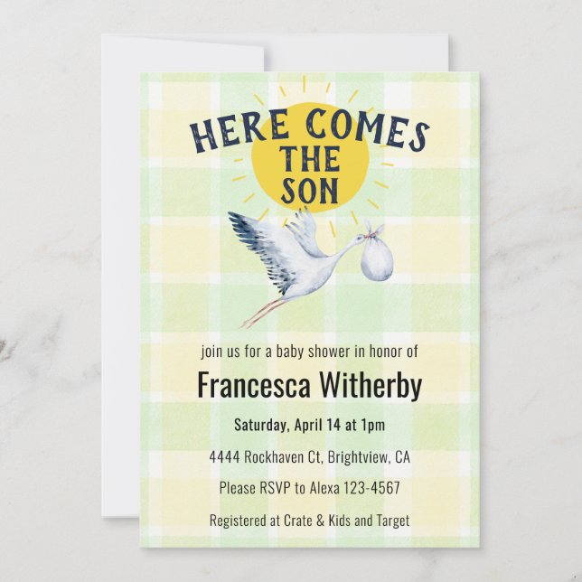Invitación 017 Moss Gingham Plaid Stork Boho Baby Shower (Anverso)