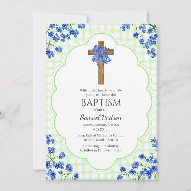 Invitación 017 Moss Green Blossom Rustic Cross Design Baptism (Anverso)