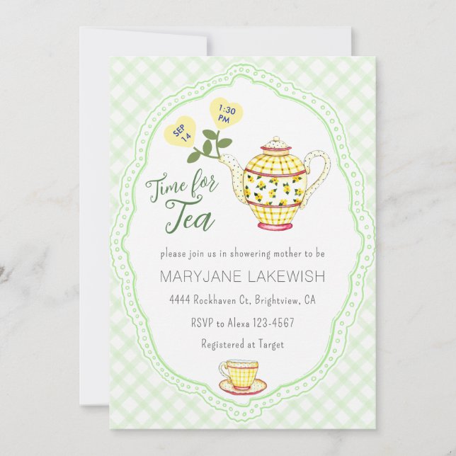 Invitación 017 Moss Green Dulce Fiesta del té de cuadros esco (Anverso)