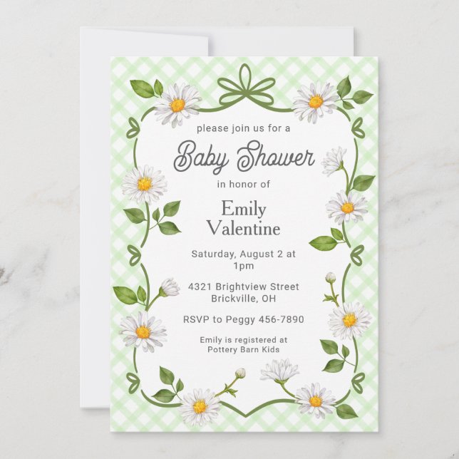 Invitación 017 Moss Green Floral Daisy Plaid Baby Shower (Anverso)