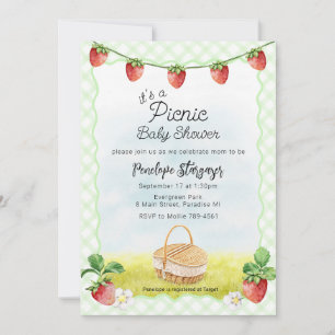 Invitación 017 Moss Green Fresa Picnic Baby Shower