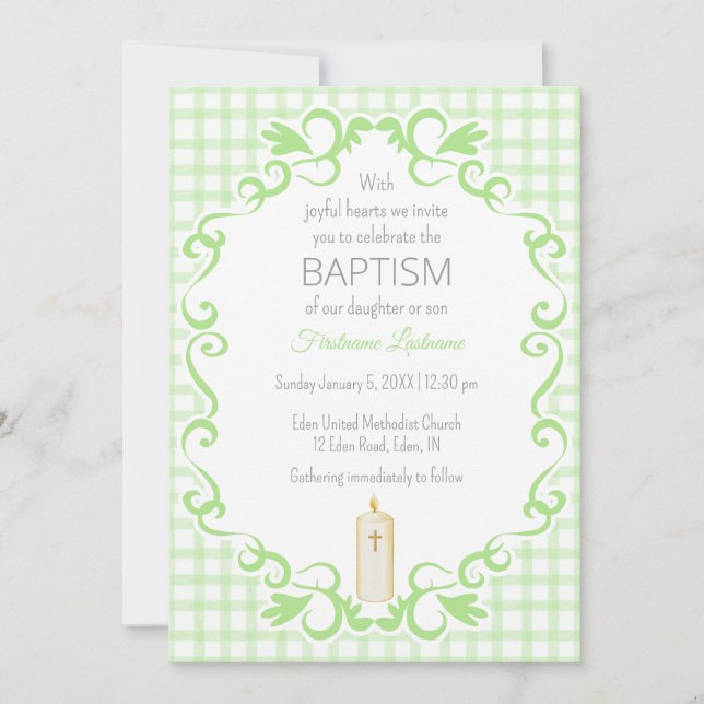 Invitación 017 Moss Green Scroll Gingham Cross Candle Baptism (Anverso)