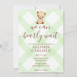 Invitación 017 Moss Green Teddy Bear Gingham Baby Shower