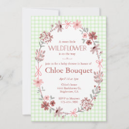 Invitación 017 Moss Green Wildflower Bow Gingham Baby Shower