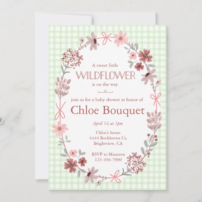 Invitación 017 Moss Green Wildflower Bow Gingham Baby Shower (Anverso)