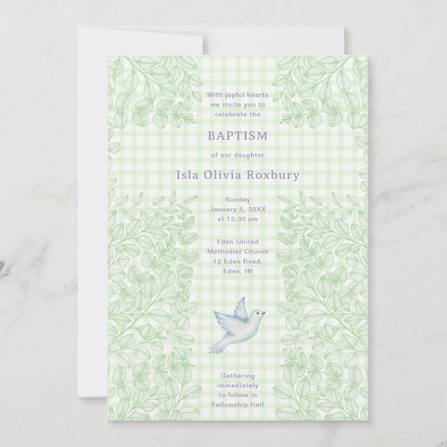Invitación 017 Mus Dove Botánico Cruz Gingham Bautizo (Anverso)