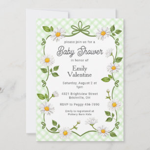 Invitación 017 Verde Musgo Floral Cuadro de Daisy Baby Shower