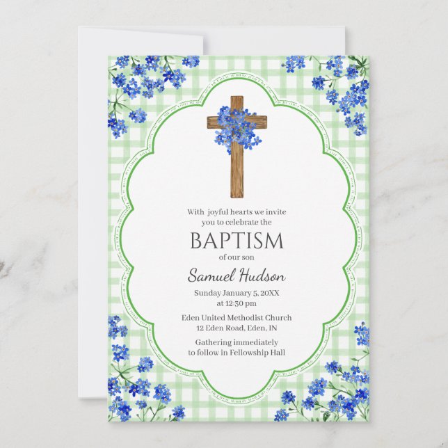 Invitación 018 Grass Blossom Rustic Cross Design Baptism (Anverso)