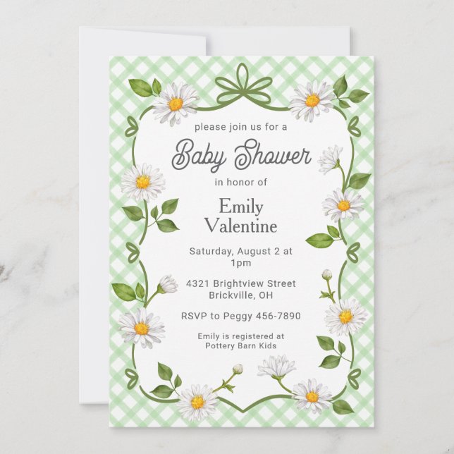 Invitación 018 Grass Green Floral Daisy Plaid Baby Shower (Anverso)