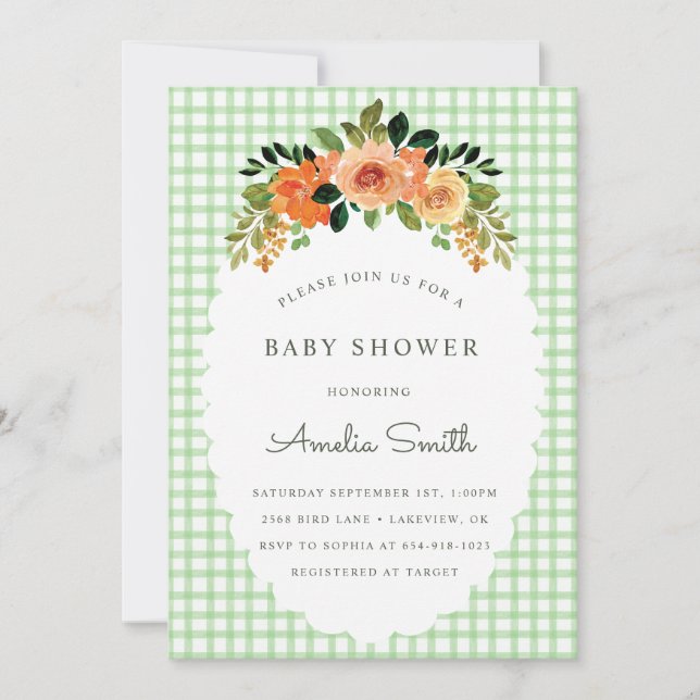 Invitación 018 Grass Green Gingham Baby Shower Invitations (Anverso)