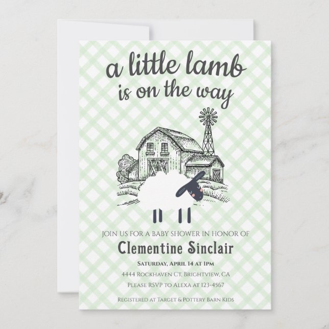 Invitación 018 Grass Green Little Lamb Farm Plaid Baby Shower (Anverso)