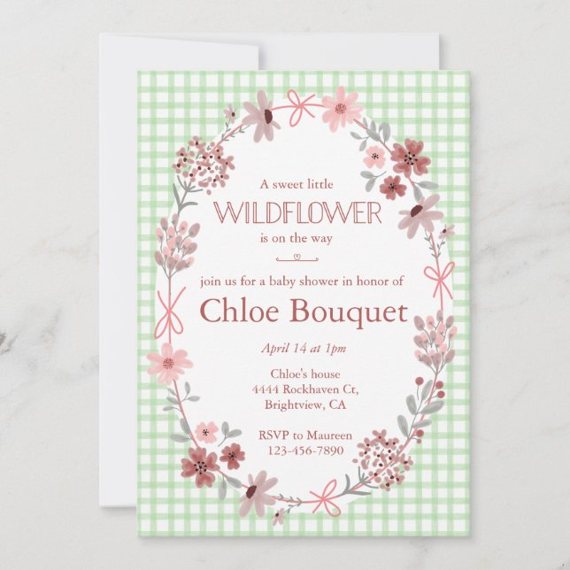 Invitación 018 Grass Green Wildflower Bow Gingham Baby Shower (Anverso)