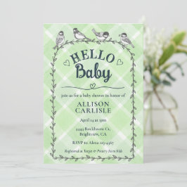 Invitación 018 Grass Watercolor Gingham Birds Baby Shower