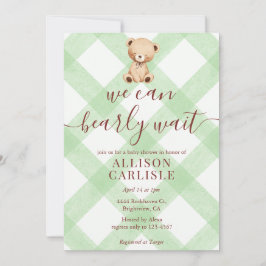 Invitación 018 Oso de peluche verde hierba Gingham Baby Showe