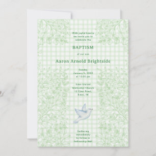 Invitación 018 Paloma de hierba Cruz Botánica Gingham Bautizo