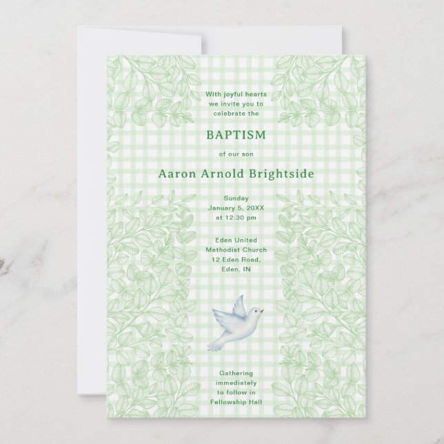 Invitación 018 Paloma de hierba Cruz Botánica Gingham Bautizo (Anverso)
