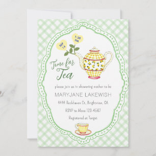 Invitación 018 Verde Hierba Dulce Fiesta del Té de Cuadros Ba