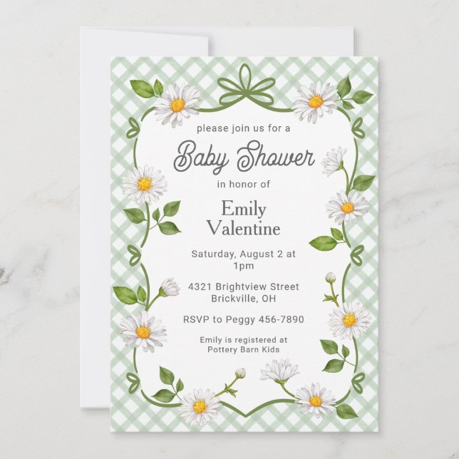 Invitación 019 Forest Green Floral Daisy Plaid Baby Shower (Anverso)